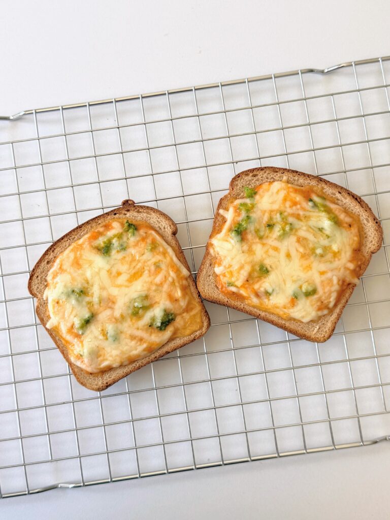 Broccoli pizza custard toast with marinara, cottage cheese and mozzarella